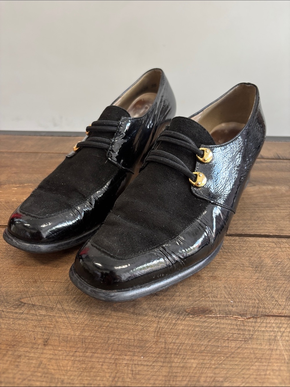 Black Patent & Suede Slip-On Loafers with Gold Accent
